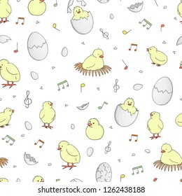 Vector seamless pattern with hatching chicks, chirping chicks, eggs, eggshell pieces, notes, treble clef isolated on white. Cute cartoon style background. Hand drawn doodle backdrop for Easter