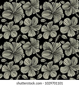 Vector seamless pattern of Hawaiian Aloha Shirt seamless design in neutral colors on a black background.