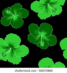 Vector seamless pattern of Hawaiian Aloha Shirt seamless design in green colors on a black background.