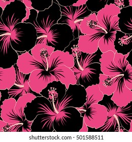 Vector seamless pattern of Hawaiian Aloha Shirt seamless design in black and pink colors.