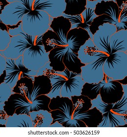 Vector seamless pattern of Hawaiian Aloha Shirt design in black and blue colors.