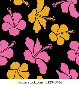 Vector seamless pattern of Hawaiian Aloha Shirt seamless design in pink and yellow colors on a black background.