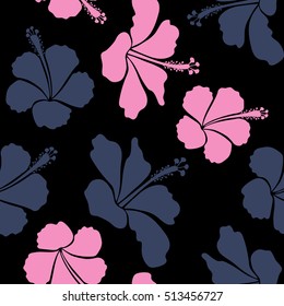 Vector seamless pattern of Hawaiian Aloha Shirt seamless design in blue and pink colors on a black background.
