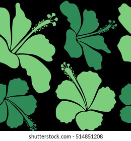Vector seamless pattern of Hawaiian Aloha Shirt seamless design in green colors on a black background.
