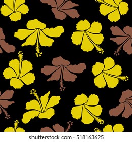 Vector seamless pattern of Hawaiian Aloha Shirt seamless design in brown and yellow colors on a black background.