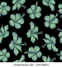 Vector seamless pattern of Hawaiian Aloha Shirt seamless design in neutral and blue colors on a black background.