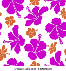 Vector seamless pattern of Hawaiian Aloha Shirt seamless design in magenta and orange colors on a white background.