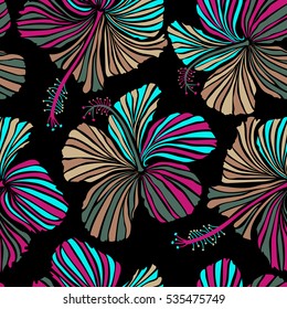 Vector seamless pattern of Hawaiian Aloha Shirt seamless design in green, beige and magenta colors on a black background.