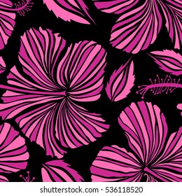 Vector seamless pattern of Hawaiian Aloha Shirt seamless design in magenta and pink colors on a black background.
