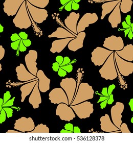 Vector seamless pattern of Hawaiian Aloha Shirt seamless design in green and beige colors on a black background.