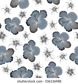 Vector seamless pattern of Hawaiian Aloha Shirt seamless design in blue, gray and neutral colors on a white background.