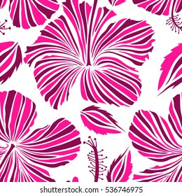 Vector seamless pattern of Hawaiian Aloha Shirt seamless design in white and magenta colors on a white background.