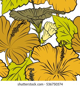 Vector seamless pattern of Hawaiian Aloha Shirt seamless design in yellow colors on a white background.