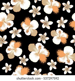Vector seamless pattern of Hawaiian Aloha Shirt seamless design in orange, brown and beige colors on a black background.