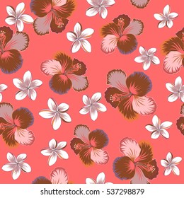 Vector seamless pattern of Hawaiian Aloha Shirt seamless design in orange, pink and neutral colors. Vector illustration.