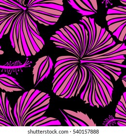 Vector seamless pattern of Hawaiian Aloha Shirt seamless design in magenta and pink colors on a black background.