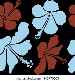 Vector seamless pattern of Hawaiian Aloha Shirt seamless design in blue and brown colors on a black background.