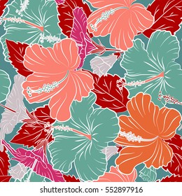 Vector seamless pattern. Hawaiian Aloha Shirt seamless pattern in multicolored flowers and buds on a blue background.