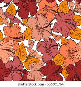 Vector seamless pattern of Hawaiian Aloha Shirt seamless design in red, pink and orange colors on a white background.