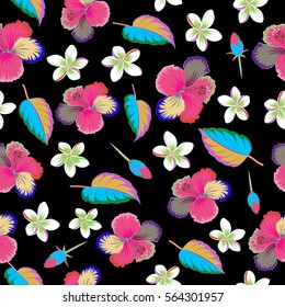 Vector seamless pattern. Hawaiian Aloha Shirt seamless pattern in multicolored flowers and buds on a black background.