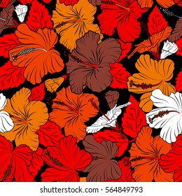 Vector seamless pattern of Hawaiian Aloha Shirt seamless design in white, red and orange colors on a black background.