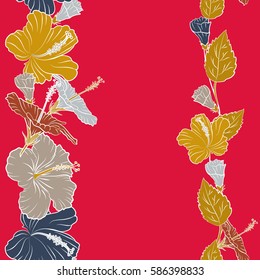 Vector seamless pattern of Hawaiian Aloha Shirt seamless design in red, gray and yellow colors and copy space (place for your text). Vector illustration.