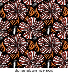 Vector seamless pattern of Hawaiian Aloha Shirt seamless design in red and orange colors on a black background.