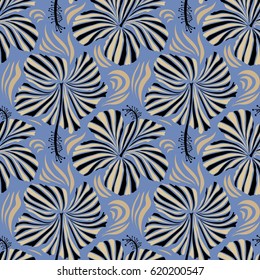 Vector seamless pattern of Hawaiian Aloha Shirt seamless design in blue, black and beige colors. Vector illustration.