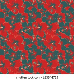 Vector seamless pattern of Hawaiian Aloha Shirt seamless design in beige, red and blue colors. Vector illustration.