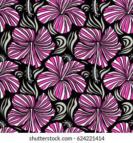 Vector seamless pattern of Hawaiian Aloha Shirt seamless design in magenta and neutral colors on a black background.