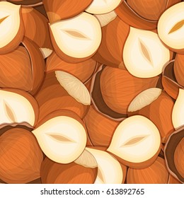 Vector seamless pattern hazelnut nut. Vector card illustration. Closely spaced peeled walnut nuts and in shell. For packaging design element printing brochures on healthy and vegetarian diet