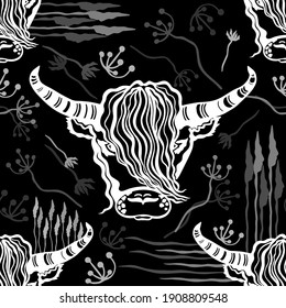 Vector seamless pattern head of a bull, buffalo. A bull with long horns on a background of leaves, stems of plants, branches, hay. Monochrome design for printing on textiles, packaging, paper.