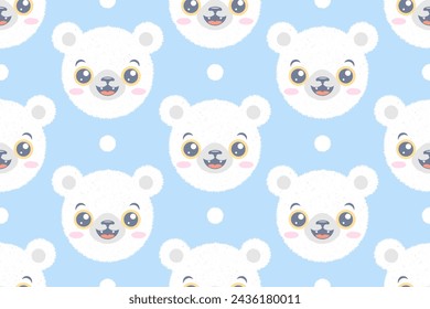 Vector seamless pattern of head of a polar bear with snow for children. Vector pattern of kawaii white bear for kids party. Baby bear emoji.