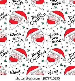 Vector seamless pattern with head Santa Claus in face mask, letterings, snowflakes and cells of virus. Theme of protect against coronavirus. Merry Christmas and happy New year in quarantine, pandemic