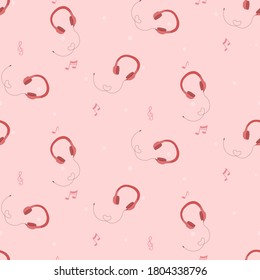 Vector - Seamless pattern of Headphone and melody on pink background. Listen music, Entertainment. Can be use for print, paper, fabric.