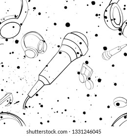 Vector seamless pattern with headphones, microphones, notes, ink splash, blots, smudge and brush strokes. Black and white grunge template for web background prints wallpaper packaging wrapping design