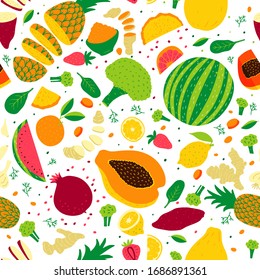 Vector patrón transparente de salud Frutas y verduras frescas dibujadas a mano en el moderno diseño de doodle plano de caricatura. Papel para envolver de comida saludable. Alimentos de desintoxicación saludable