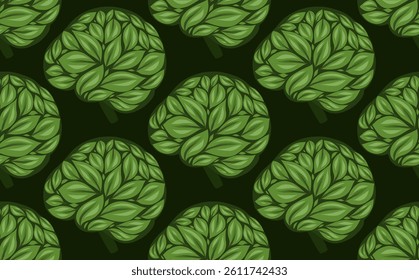 Vector seamless pattern with healthy brain from foliage on dark green background. Texture with eco brains for wallpaper. Knowledge and education.
