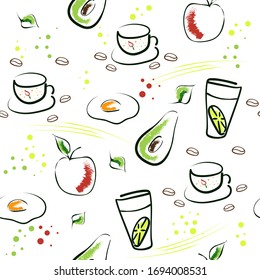 Vector seamless pattern. Healthy breakfast, food for healthy life. Hand drawn background. Light food on the white, avocado, apple, water with lemon. For design, Web project, applications