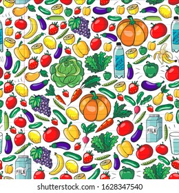 Vector seamless pattern with healthy food. Fruits and vegetables. Milk, dairy products. Pattern for store, mall, menu, cafe, restaurants.