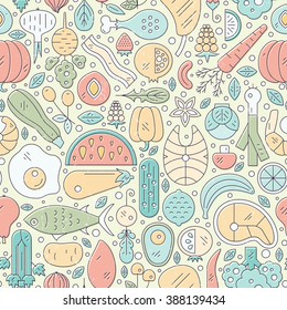 Vector seamless pattern with healthy food. Perfect background with fruits, vegetables, seafood - can be used as a background for menu, organic market.