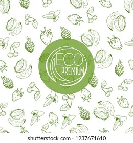 Vector seamless pattern. Healthy lifestyle. Green background, with vegetables and fruits. Hand drawn.