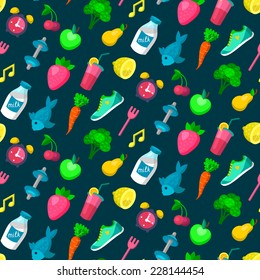 Vector seamless pattern of healthy lifestyle icons in trendy flat style