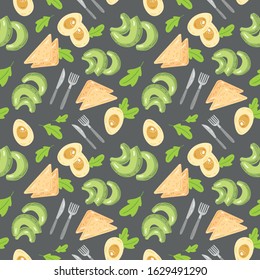 Vector seamless pattern of healthy vegan breakfast ingredients. Avocado slices, toasts, eggg and lettuce. Сartoon style illustration.