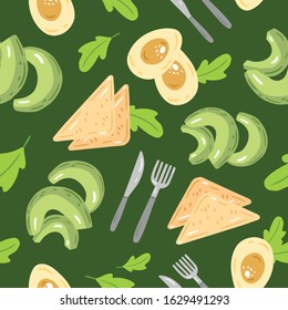 Vector seamless pattern of healthy vegan breakfast ingredients. Avocado slices, toasts, eggg and lettuce. Сartoon style illustration.