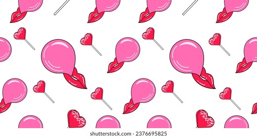 Vector Seamless pattern of Heart Candy, Lips and Bubble Gums on white background. Copy past trendy Pink illustration. Pattern for print, textile or postcard for Valentines day, Woman s day