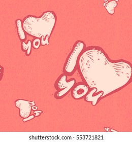 The vector seamless pattern of the heart as a declaration of love on pastel pink grunge background. Romantic confession of love.