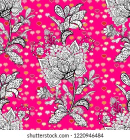 Vector. Seamless pattern Heart, love. Coloring book page design. Oriental ethnic pattern. Hand drawn illustration on red, black, orange colors. Design. Anti stress valentine vintage decorative element