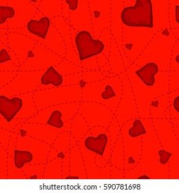 The vector seamless pattern of the heart on red background.