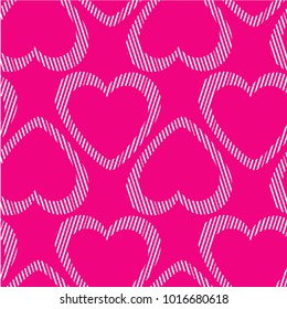 Vector seamless pattern with heart outlines made of white stripes, with pink background. Romantic Valentine's Day wallpaper.